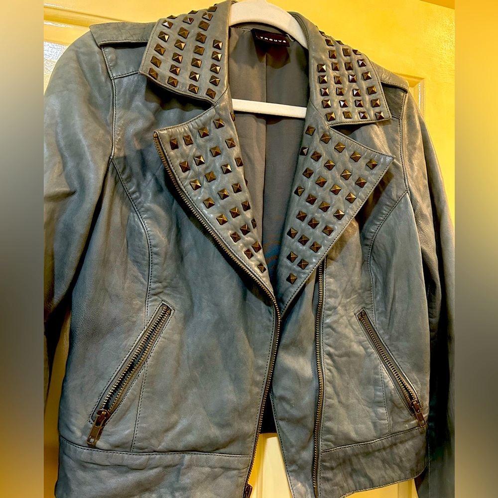 Slate Blue-Gray Studded Trouvé Leather Moto Jacket